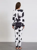 Women Buttoned Flap Jumpsuits Sleepwear Cow Printed Long Sleeve V Neck Bodycon Romper Spring Fall Loungewear - Image 6