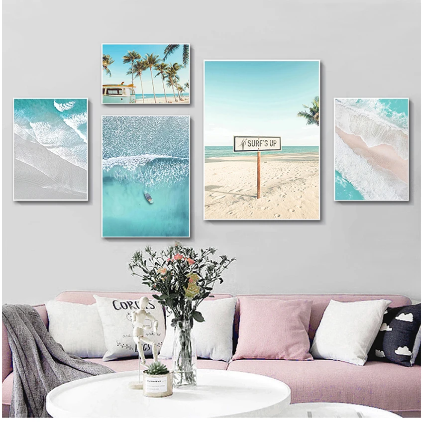 Beach Bus Print Wall Art Canvas Painting Boat Ocean Waves Overhead Picture Nature Scandinavo Nordic Decoration Sandy