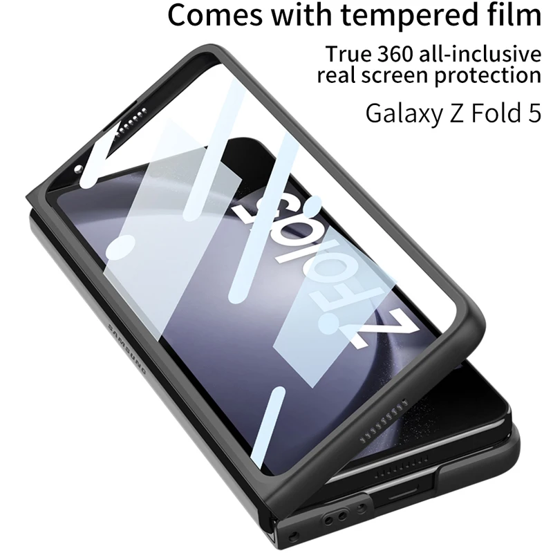 For Samsung Galaxy Z Fold 5 Case Ultra-thin Sliding Push Window Matte Plain Leather Cover With Tempered Glass for Z Fold5 GKK