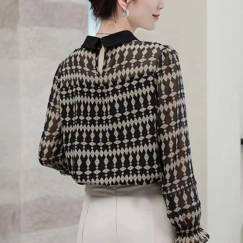 우아함 오피스 레이스 패치 워크 블라우스 여성 새로운 통기성 긴 소매 턴 다운 칼라 패션 모든 경기 쉬폰 셔츠 2022