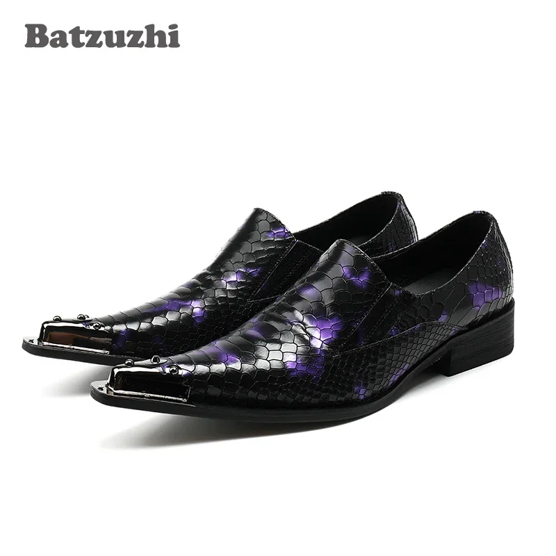 

New Genuine Leather Men Shoes Pointed Toe Slip on Metal Tip Men Dress Shoes Evening Party Wedding Flats Plus Size US12 Siz 46