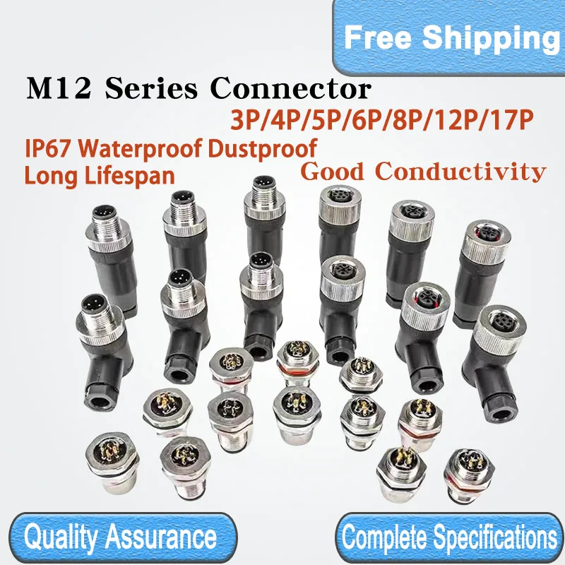 

5/20 PCS M12-3/4/5/6/8/12/17 PIN Straight/Curved/Flange IP67 Waterproof Male Female Plug Socket PCB Sensor Solderless Connector