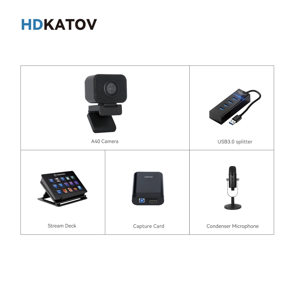 HDKATOV UCG 스트리밍 장비 키트, USB 마이크, 캡처 카드, 스트림 덱, USB3.0 스플리터, UHD 라이브 스트리밍, 4K 60fps 웹캠