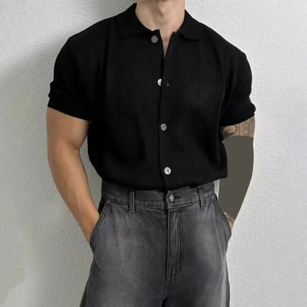 

Knitted Cardigan Men's Summer Knitted Cardigan with Short Sleeves Turn-down Collar Solid Color Top for Wear Stretchy