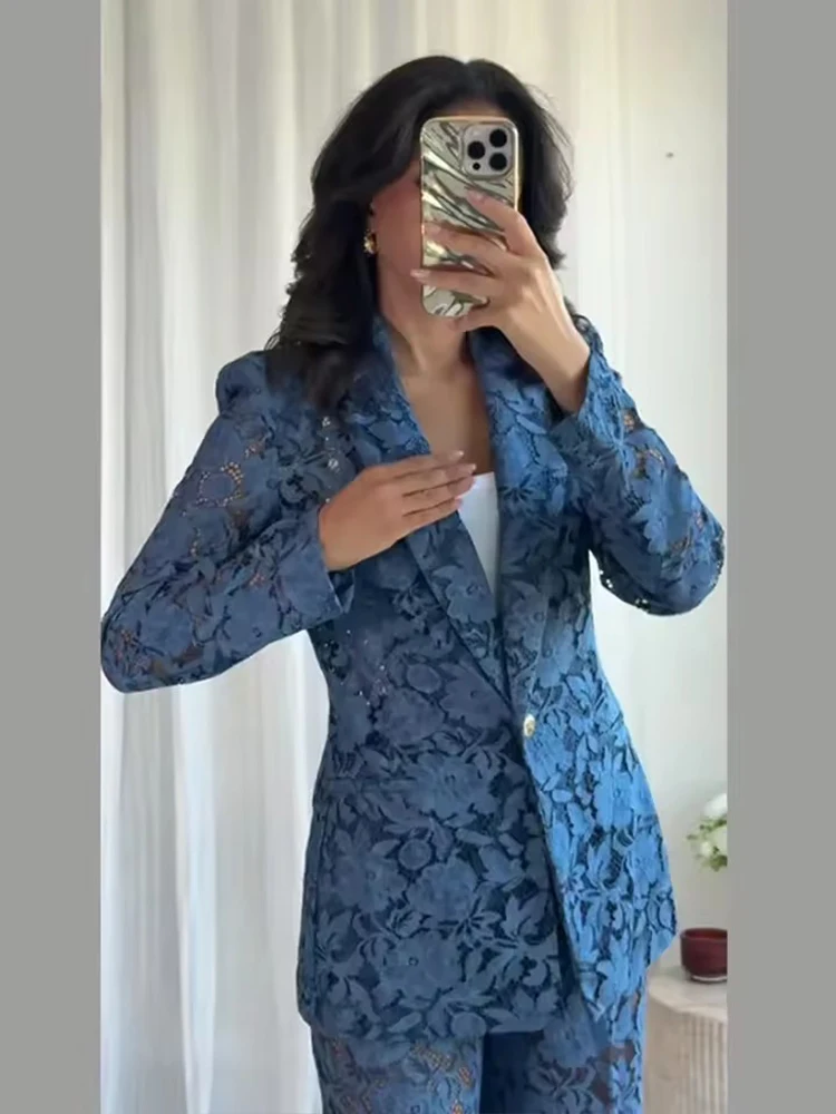 Women Lace Pants 2 Piece Set Fashion Sheer Lapel Long Sleeve Blazer Straight Pants 2025 Elegant Chic Commute Women's Suit ﻿