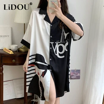 여성용 캐주얼 프린트 수면 가운, 반팔, 트렌디한 패션 버튼 홈웨어, 오버사이즈 프린트 셔츠 드레스, 여름