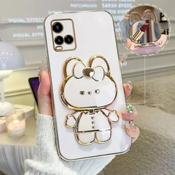 Cute Rabbit Makeup Mirror Phone Holder Case - Stylish Back Cover - Vivo Y21 2021 (White)