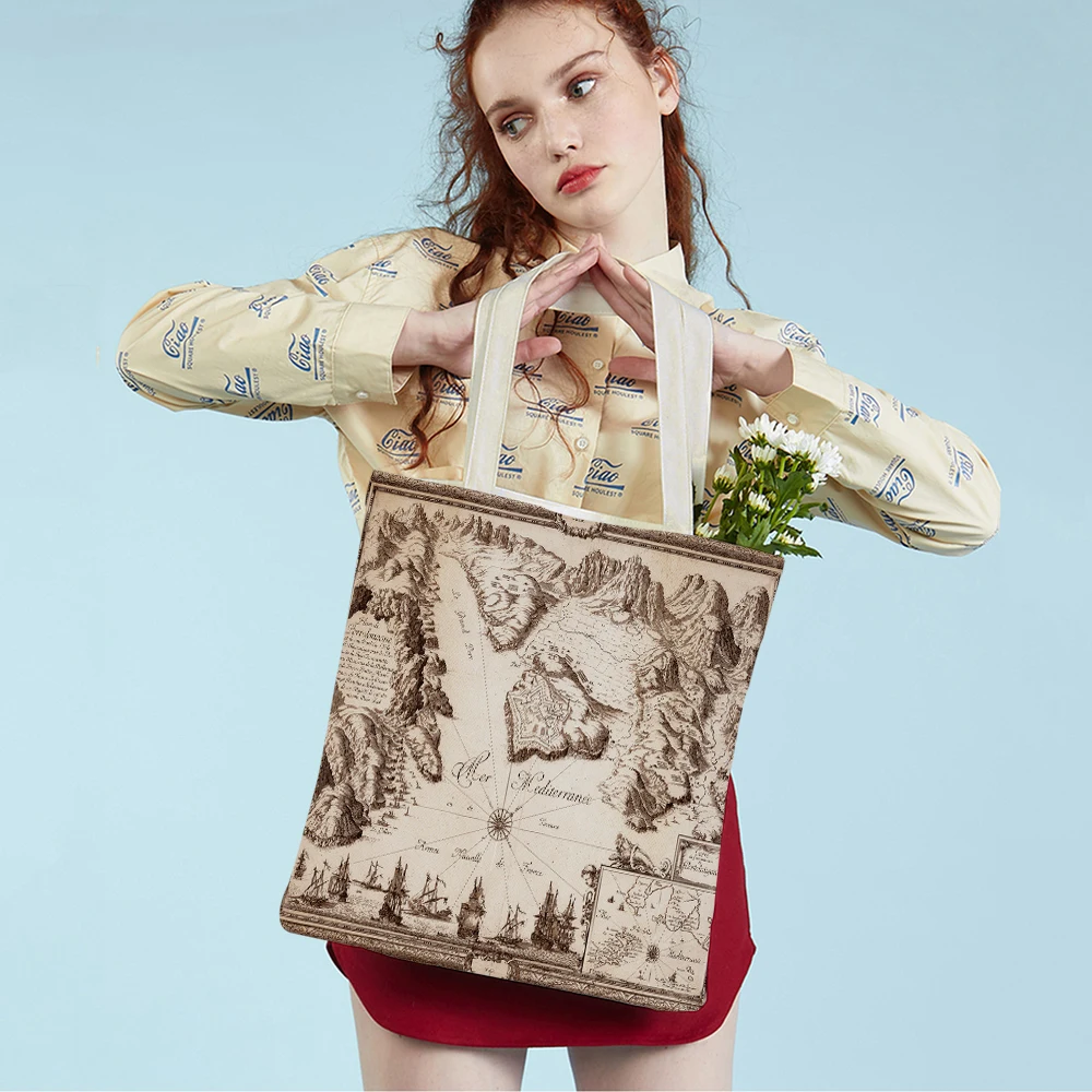 

Vintage Old Map Lady Tote Handbag Casual Geometric Both Sides Reusable Foldable Canvas Women Shopping Travel Shoulder Bag