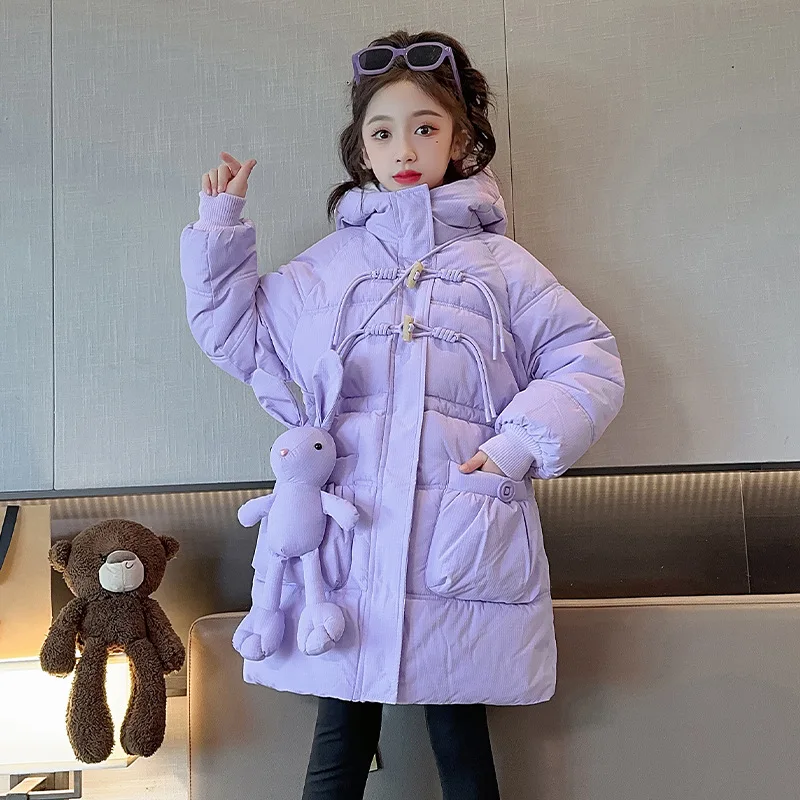 

Winter Junior Girl Long Thicken Cotton Jacket School Girl Cartoon Rabbit Hooded Windproof Parka Child Girl Winter Warm Coats