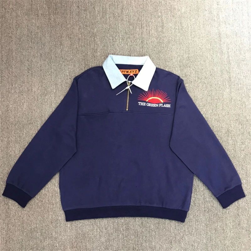 

2023ss CPFM.XYZ Green Flash Denim Half Zip Sweatshirts Men Women Heavy Fabric Crewneck Hooded