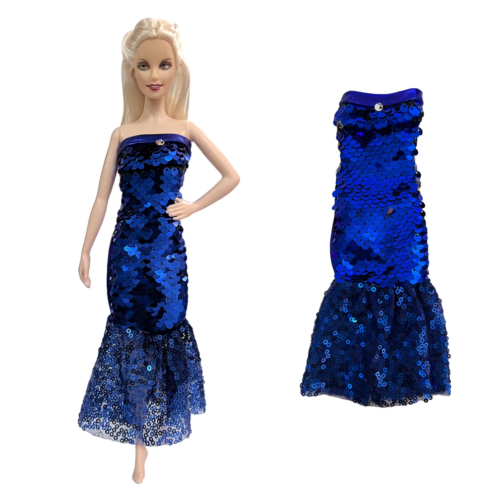 Nk 1 Set Fashion Doll Dress Blue Wedding Party Gown Princess Mermaid Skirt Paillettes Clothes For Barbie Doll Accessori Toy