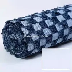 Thick Textured Denim Plaid Fabric with Tassels - 1 Meter, Cotton (3deep blue)