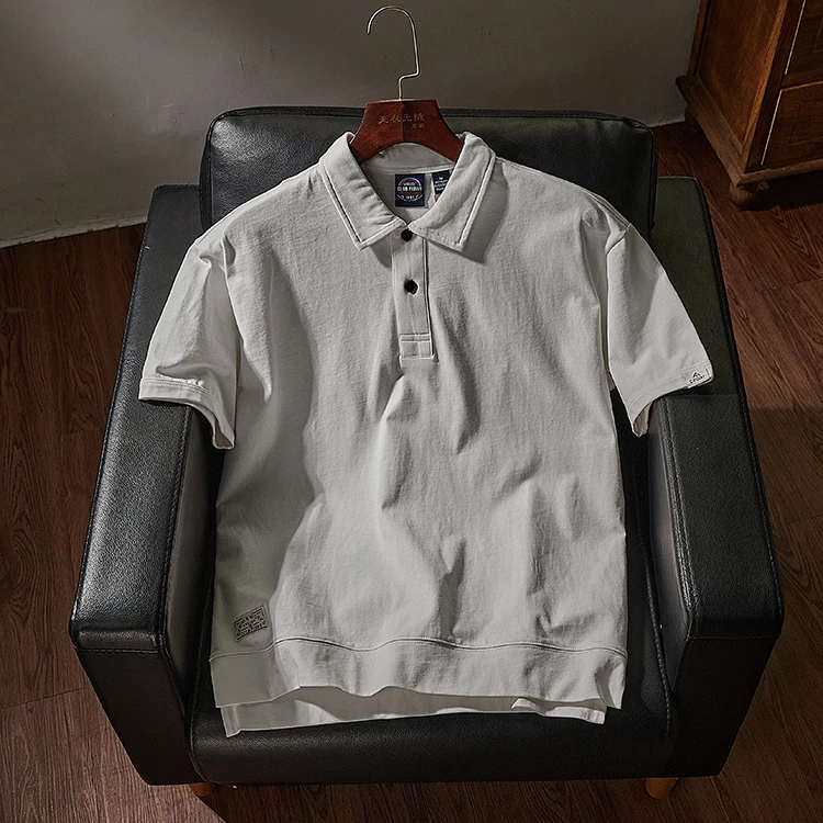 Summer New American Retro Short-sleeved Lapel Solid Color Polo T-shirt Men\'s Simple 100% Cotton Washed Business Casual Tops