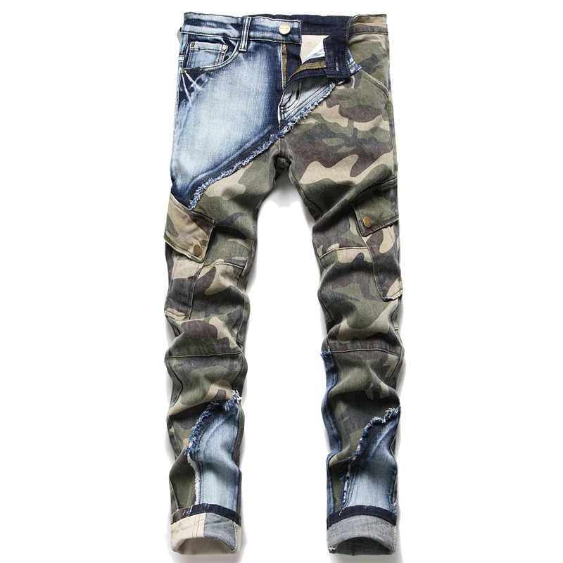 

Men Jeans Strech Camouflage Patchwork Trousers Denim Jeans Punk Clothes Hip Hop Jeans for Mens Slim Men Clothing Cargo Pants