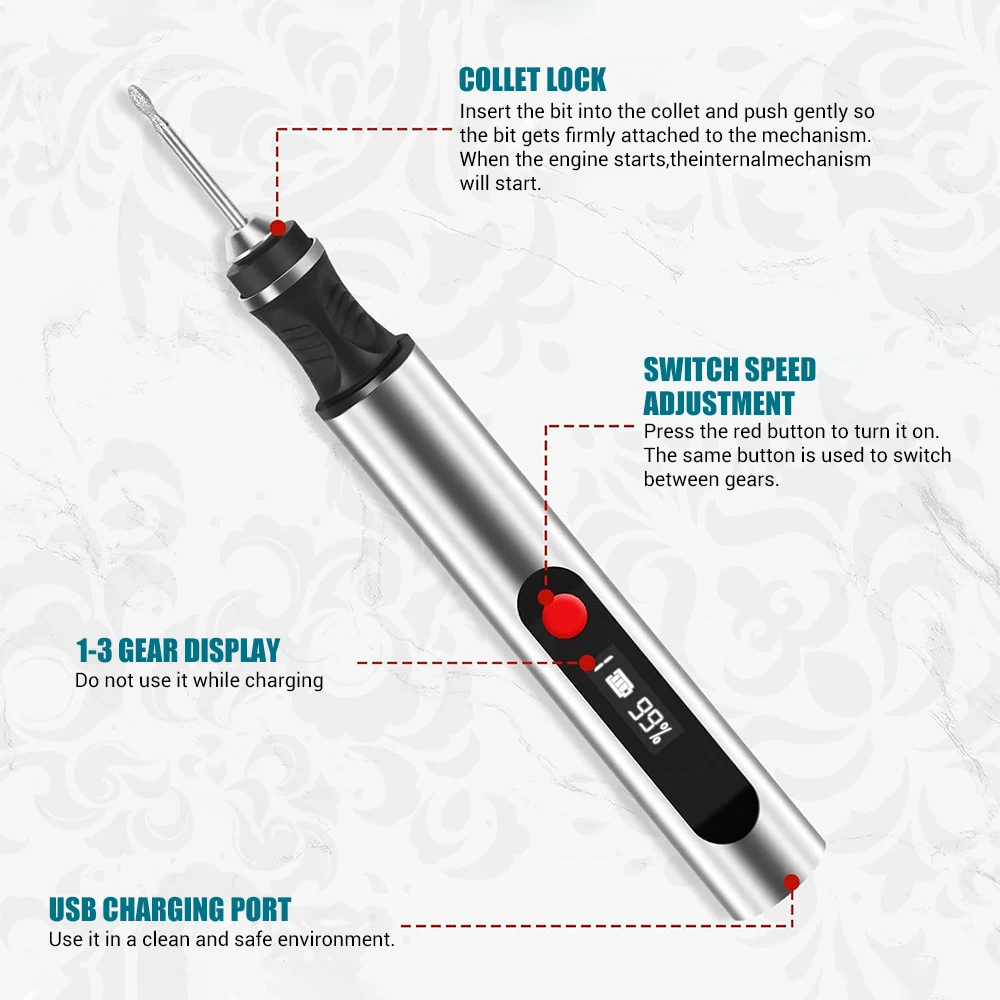 USB Multifunctional Electric Engraving Pen Kit 32/37pc 10W Cordless Electric Polisher Mini Carving Pen for Metal Glass Nail Jade