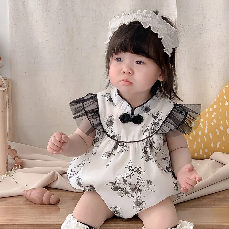

Summer 2024 Ins Baby Girl Bodysuit Cotton Flying Sleeve National Thin Infant Girls Rompers Printed Loose Newborn Girl Outfit