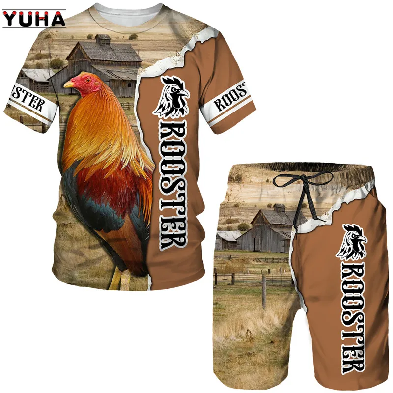 YUHA,Cool Pheasant King Rooster Men's T-shirt+Shorts Suit Fashion 3D Printed Cock Tracksuit Set Summer Male Casual Short Sleeved