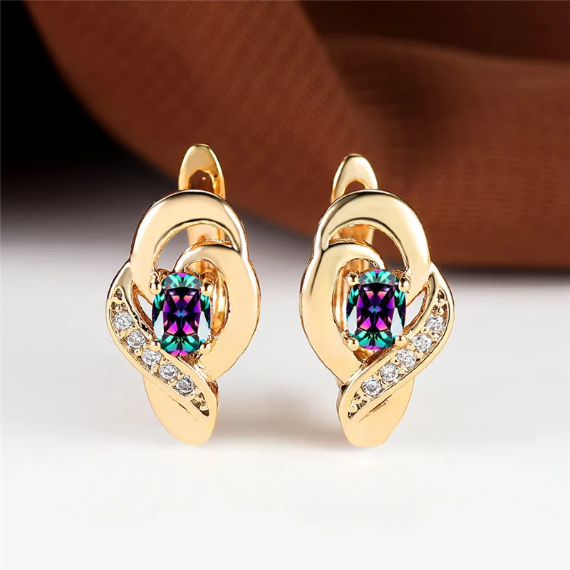 Elegant Pink Crystal Oval Stone Earrings Rainbow Zircon Hoop Earrings Trendy Gold Color Wedding Earrings For Women Party Jewelry