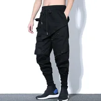 Tactical Functional Cargo Trousers Men Hip Hop Streetwear Elastic Waist Pants Joggers Irregular Multi-pocket Pant Black WB520 1