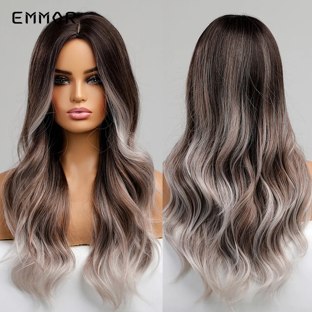 Emmor Synthetic Long Wavy Hair Wig Ombre Black to Silver Wigs for Women