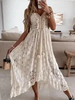 2024 Summer Lace Sleeveless Women Dress V Neck Hollow Out Elegant Loose Dresses Fashion Sexy Beach Vacation Long Dress - Image 2