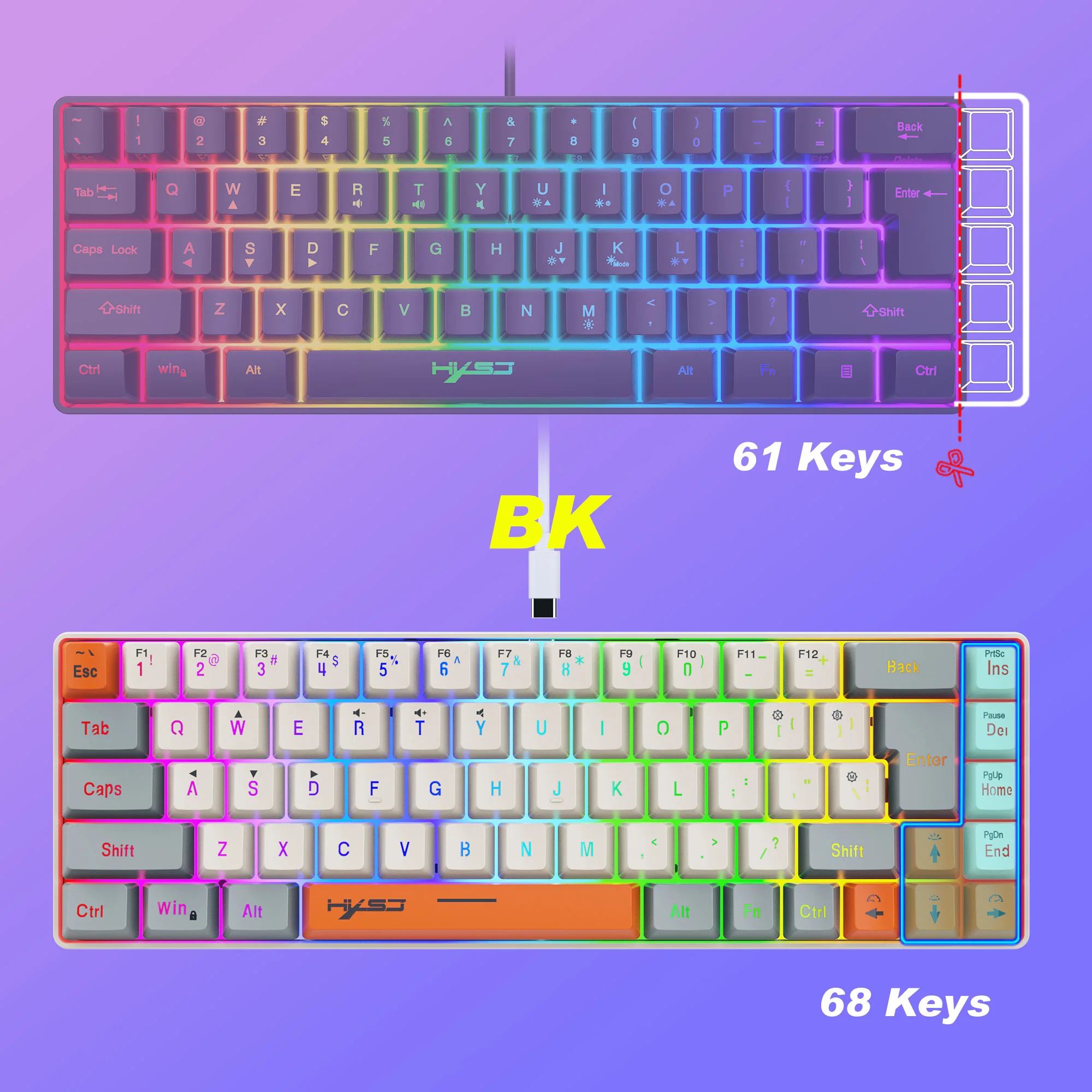 68 Keys Gaming Keyboard USB Wired Portable 20 RGB Backlight Keyboard 3 Colors Keycaps for Windows Laptops Computer view 3