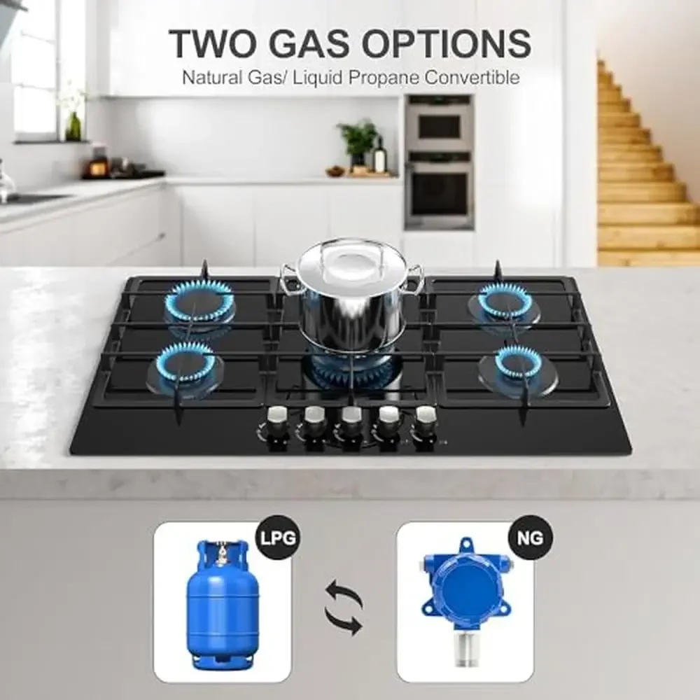 36" 5 Burner Gas Cooktop Built-in Stove Top Tempered Glass Panel NG/LPG Auto Ignition Hob Universal Nozzle Stainless Steel 3