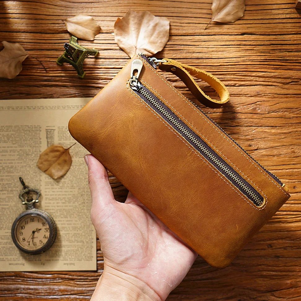 Handmade Cowhide Leather Vintage Zipper Wallet Men Square Coin Purse Card  Holder | eBay