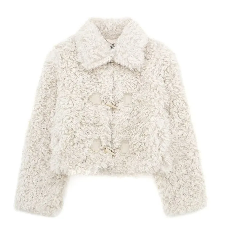 

Women 2023 Autumn Winter Fashion Lambswool Jackets Coat Vintage Long Sleeve Button Up Female Outerwear Chic Tops