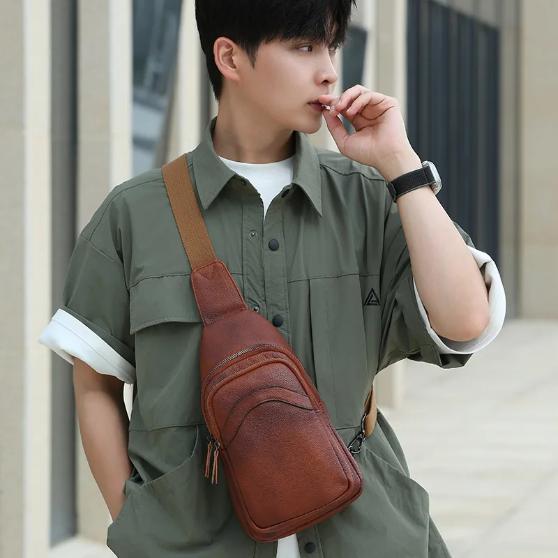 Luxury Designer Mens Genuine Top Grain Leather Chest Bag image 7