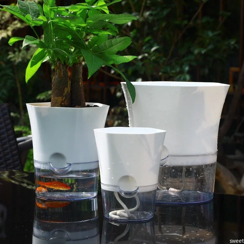 Self Watering Flower Pot Plastic Hydroponics Plants Pot Transparent Double Layer Flowerpot Cotton Rope with Injection Port