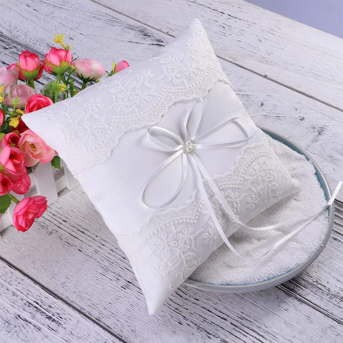 

20x20cm Wedding Ring Pillow Cushion Bridal Pearl Ribbon Decorated Ring Bearer Pillow