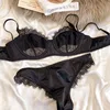 2 Pieces Sexy Ultra Thin Lace Bra Set Women Splicing Color Underwear French Silk Breathable Bras and Panties Intimate Lingerie