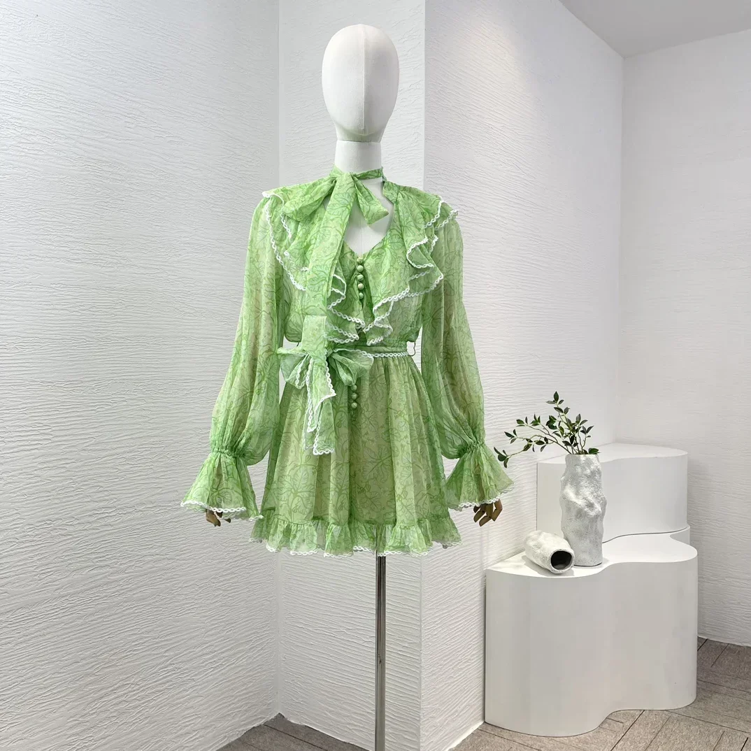 

High Quality Silk Women Light Green Flouncing Ruffle Long Sleeve Leaf Print Playsuits