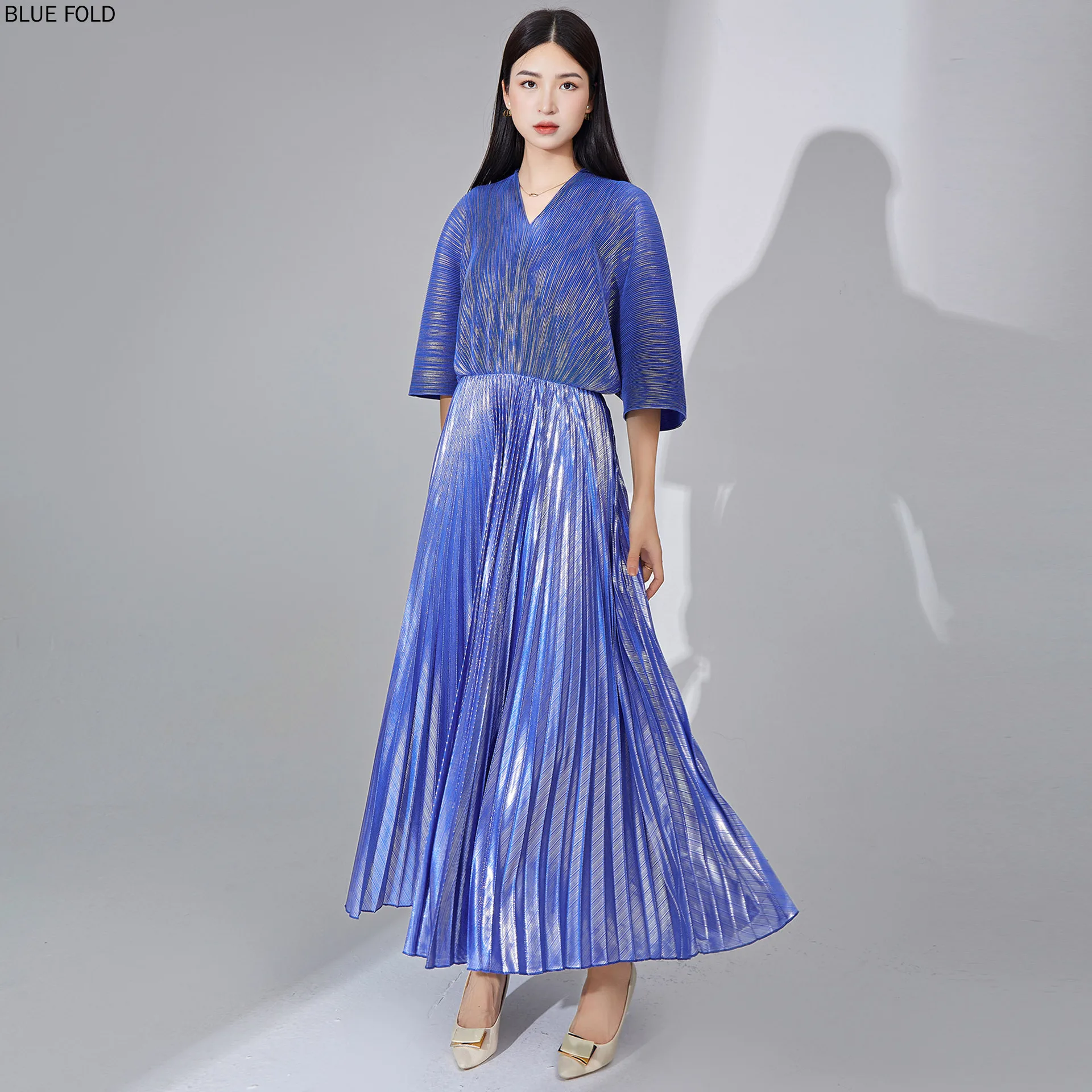 MIYAKE European and American Pleated Large Size Dress Long High end V miyake-european-and-american-pleated-large-size-dress-long-high-end-v