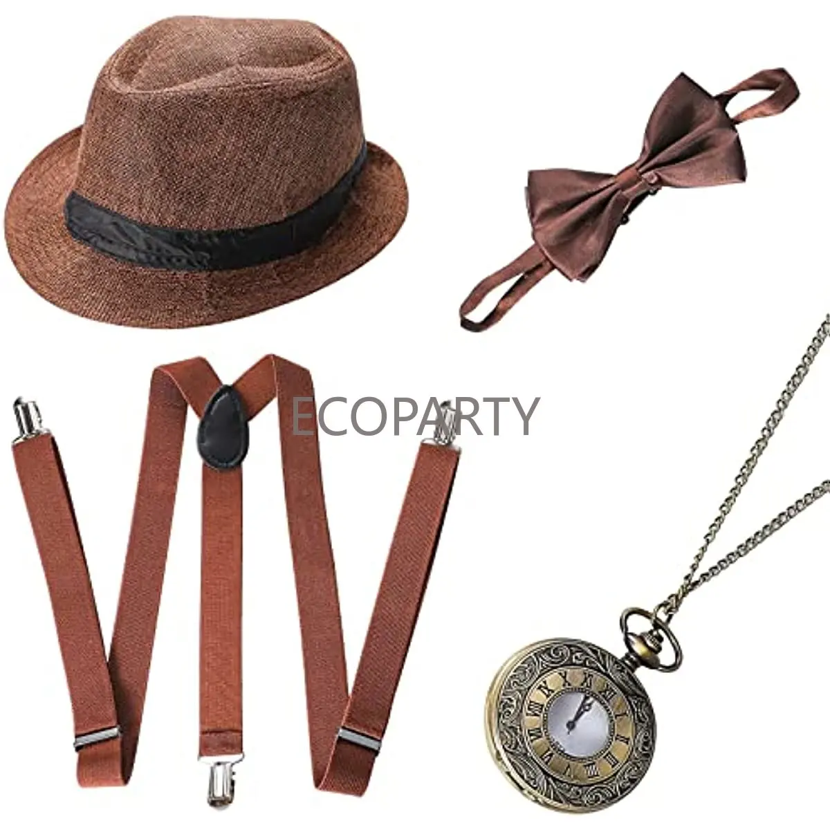 

1920s Herren Accessoires, Gatsby Kostüm Set 20s Jahre Vintage Kleidung Mit Panama Gangster Hut Y-Back-Hosenträger Taschenuhr Set