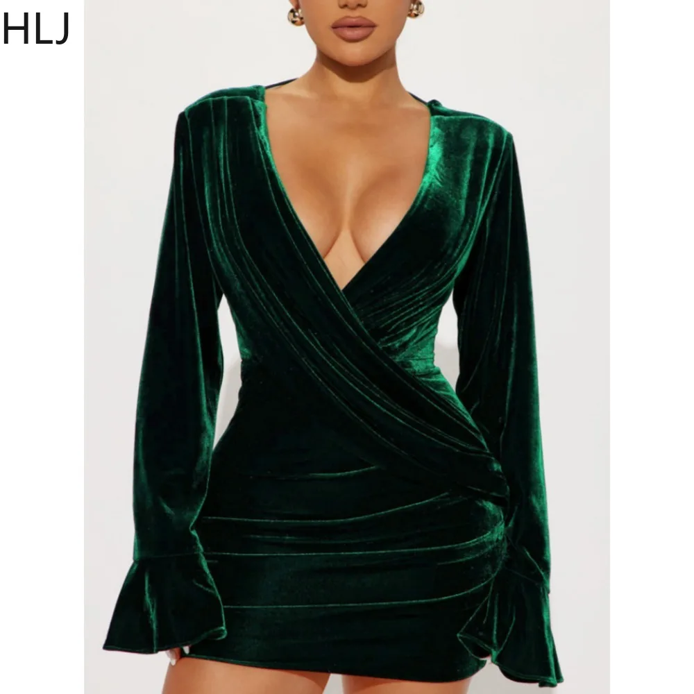 

HLJ Sexy Deep V Velvet Bodycon Mini Dress Women Long Sleeve Backless Lace Up Dress Casual Female Solid Color Slim Party Vestidos