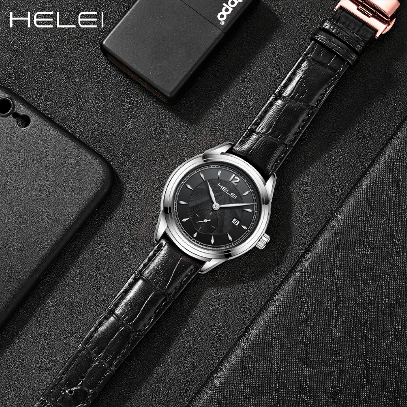 HELEI2024 Men's Watch Luxury Brand Waterproof Luminous High Quality Genuine Leather Men's Classic Judgement Men's Quartz Watch