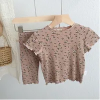 Short Sleeve Round Neck Flower Printed T-shirt Top+Pants 2 Piece Set Kids Casual Home Clothes 3