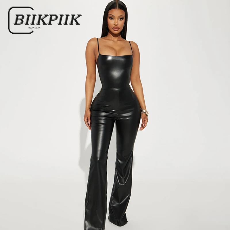 BIIKPIIK Sexy Women Leather Jumpsuits Clubwear Sleeveless Spaghetti Strap Slim Fit Hip-lifting PU Rompers Fashion Casual Overall