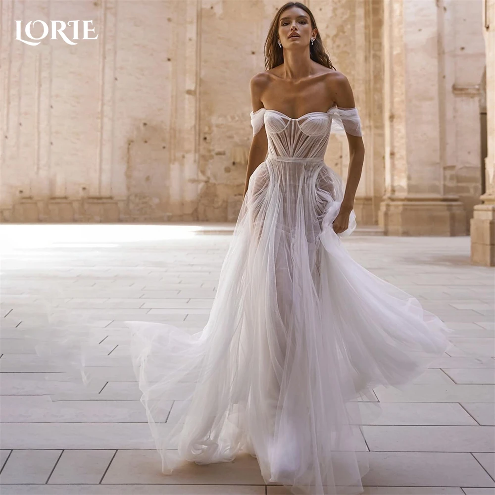 

LORIE Bohemia Tulle Wedding Dresses Off Shoulder Pleated Backless Sleeveless Bridal Gowns Solid Bride Dress vestidos de novia