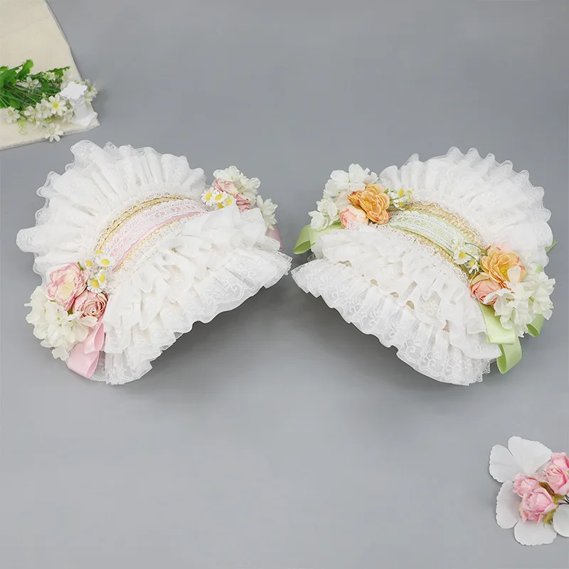 Lace Flower Ribbon Straw Hat Lolita Cosplay Hat Bonnet French for Beach Vacation
