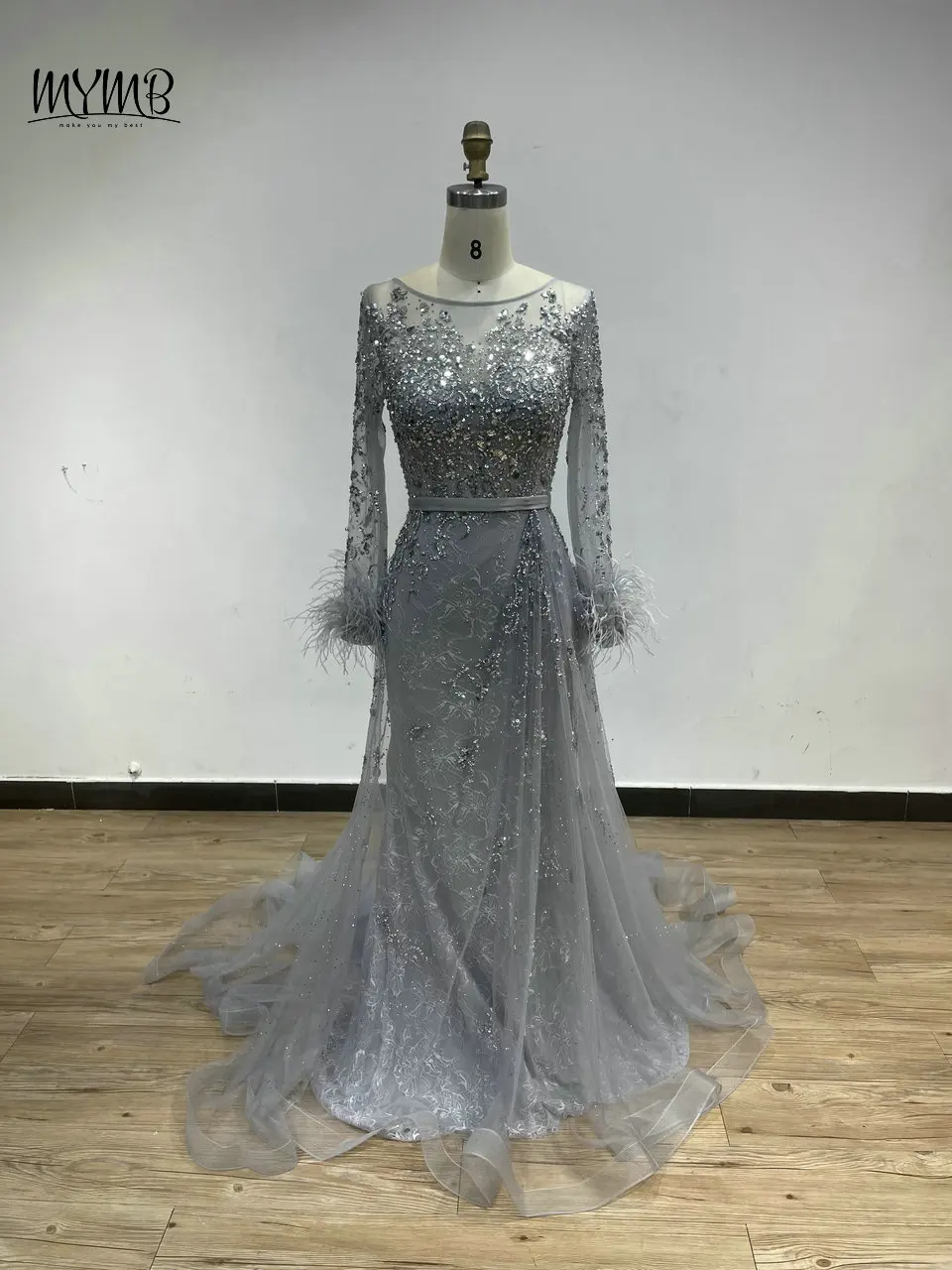 MYMB Muslimische Elegante Lange Ärmel Abendkleider für Frauen Promi O Neck Perlen Feder Hochzeit Party Kleider Angepasst DKD013 – Detail 10