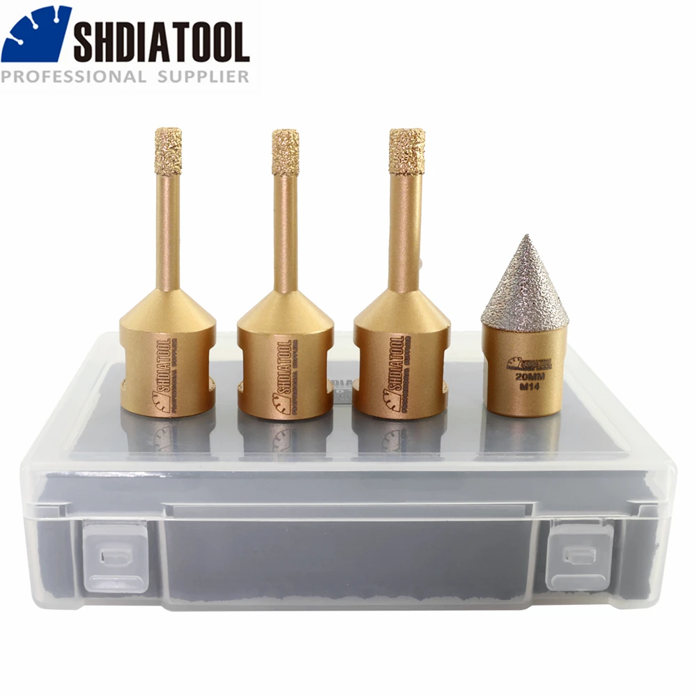 SHDIATOOL 4pcs/Box 6/6/8mm Dry Diamond Core Drill Bits 20mm Chamfer M14 Porcelain Tile Granite Marble Ceramic Hole Saw Opener bgtec 1pc m14 20mm diamond milling bits grinding granite marble tile porcelain quartz polishing hole saw diamond chamfer bits