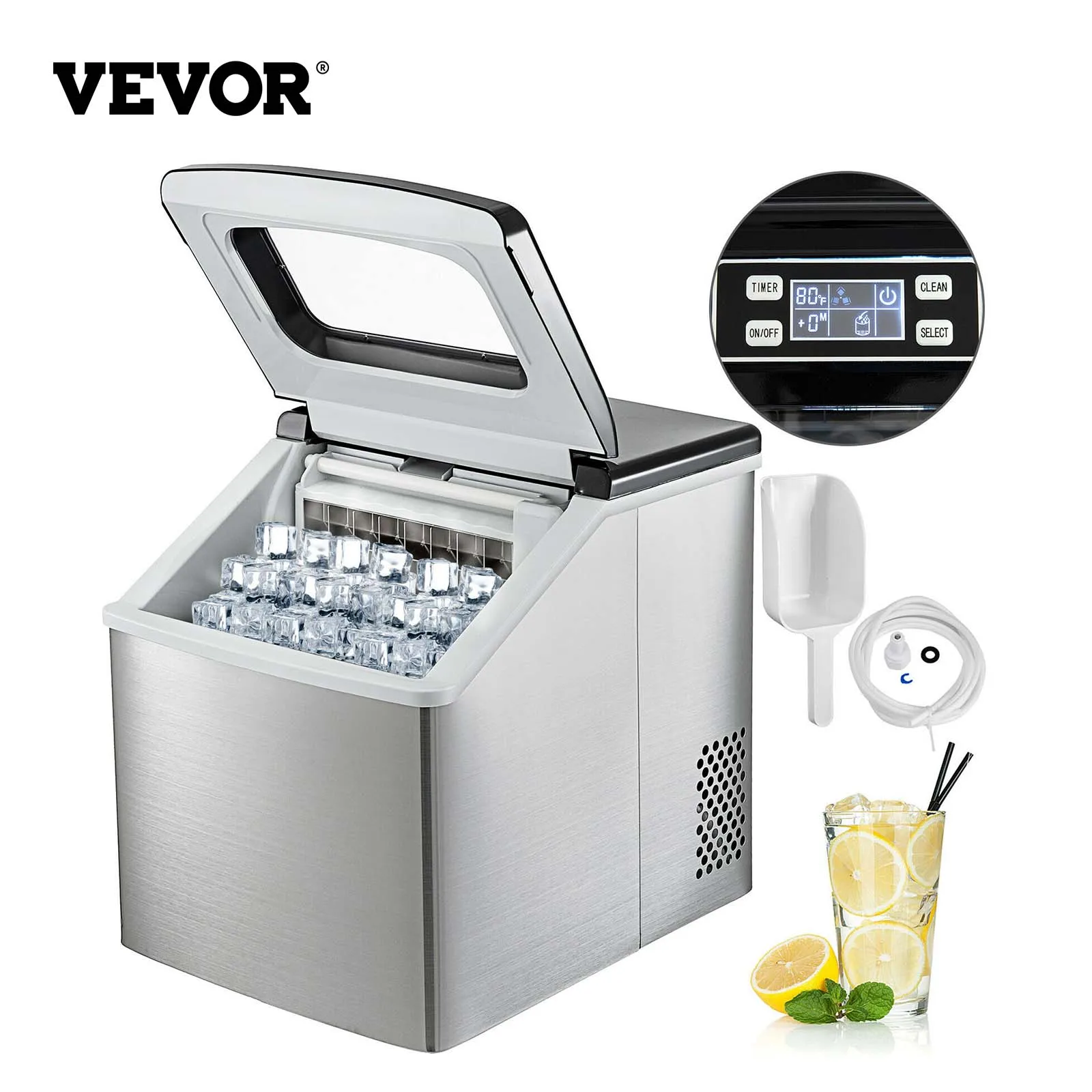 Ice Cube Maker Machine VEVOR 220V 18KG Ice Maker Countertop Ice Maker Compact Clear Ice Cubes for Kitchen Home Bars Stainless Steel 40LBS Ice Making Machine 