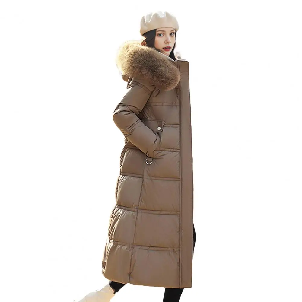 Winter Women Long Parkas Solid Colo Neck Hooded Cotton Jacket Pockets Windproof Zipper Closure Padded Outwear