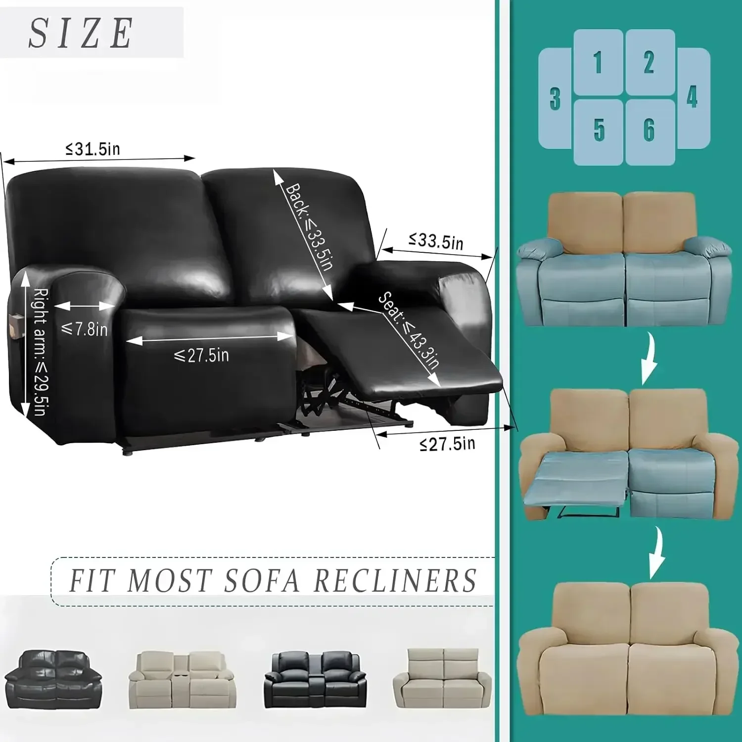 1/2/3 Seat Waterproof Recliner Sofa Cover PU Leather Armchair Cover Solid Color Elastic Relax Single Sofa Slipcovers Home Hotel 3