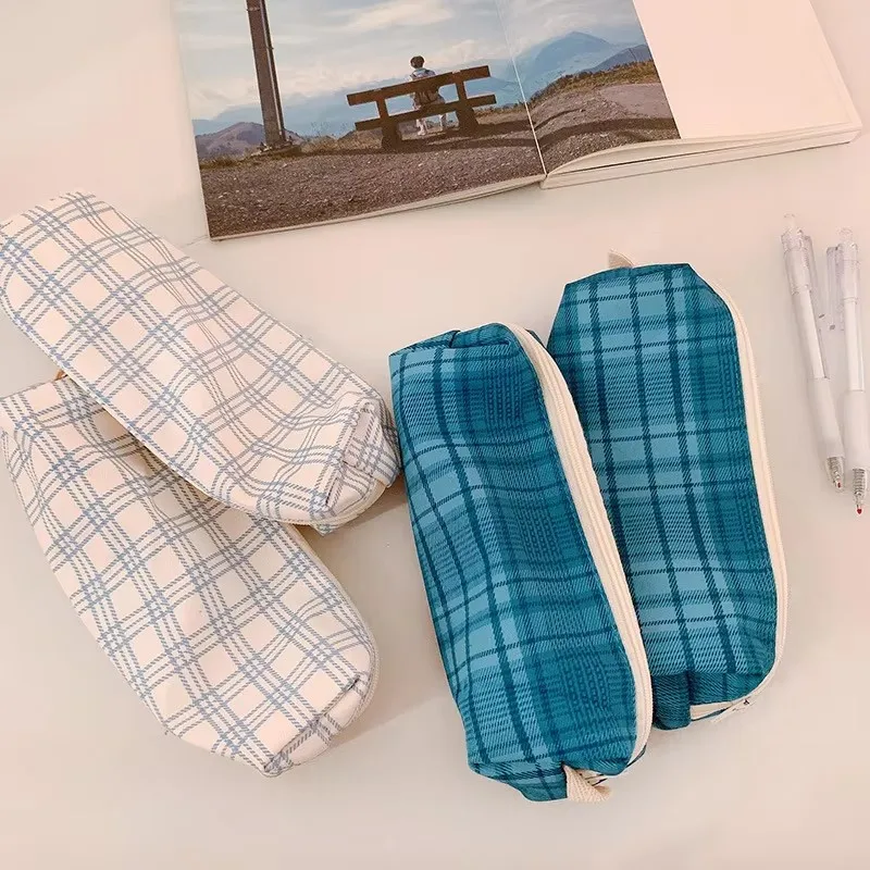 1PCS 학생 캔버스 연필 케이스 간단한 그리드 패턴 대용량 지퍼 학생 문구 보관 문구 상자