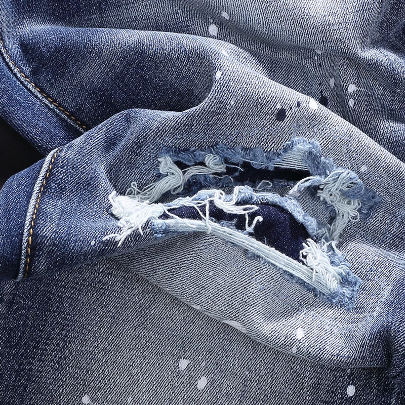 Fashion Designer Men Jeans High Quality Retro Blue Plain Washed Elastic Slim Fit Ripped Jeans Men Painted Hip Hop Brand Pants