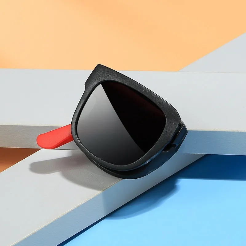Folding Kids Sunglasses for Boys Girls Vintage Sports Square Children UV400 Outdoor Shades with Case